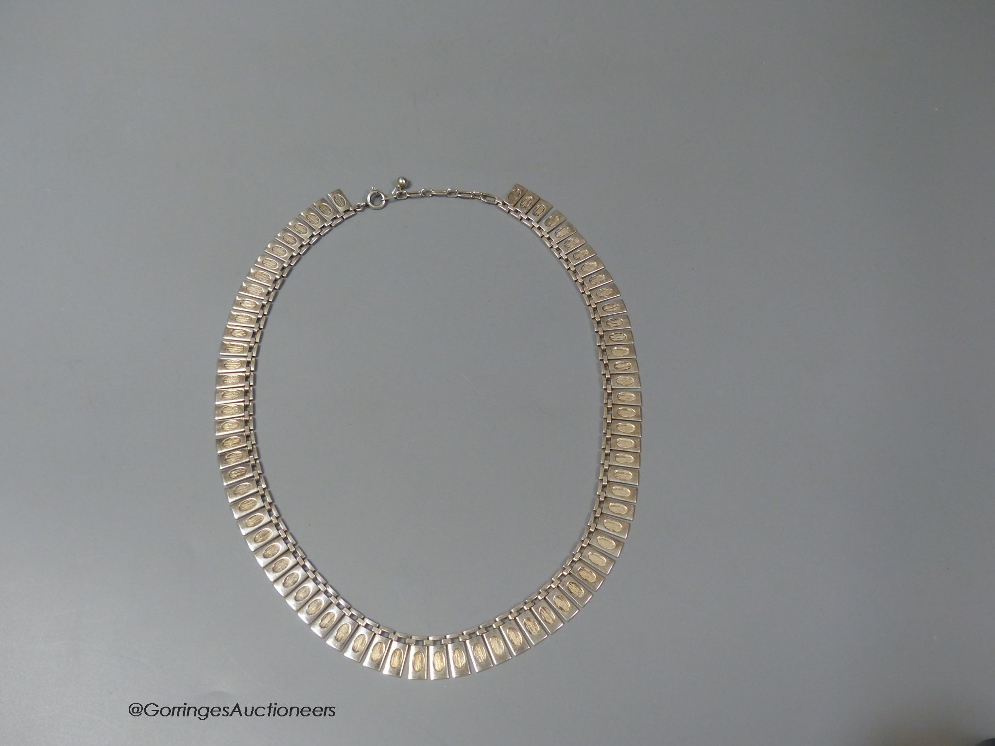 A modern white metal, stamped sterling silver, fringe necklace, 36cm.